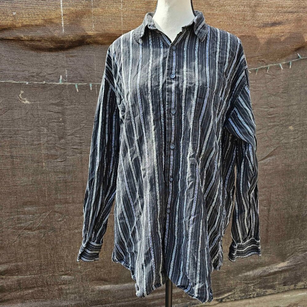 Henry Grethel Vintage Striped Cotton Button Down Dress Long Sleeve Shirt LARGE